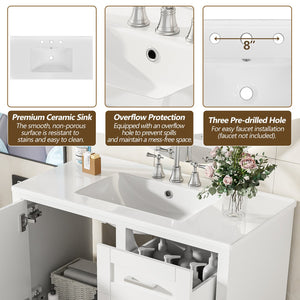 English Elm 36" White Bathroom Vanity Solid Pine Frame with Soft-Close Door, 3 Versatile Drawers & Ceramic Top N729P211167K