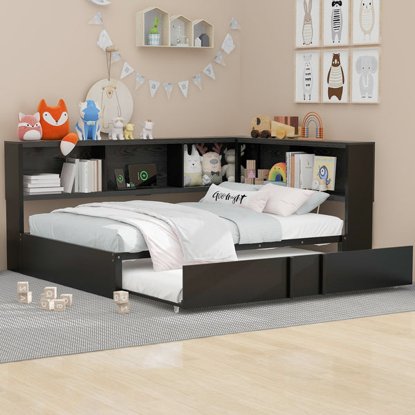 English Elm Metal Full Size Daybed with Trundle, Built-In Storage Cabinets & USB Ports for Small Rooms Black DL001523AAB