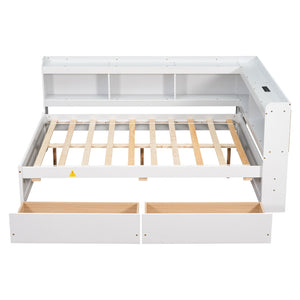 English Elm Full Size L-Shaped Bed With Integrated Bookcases, Usb Ports, Storage Drawers - Stylish & Efficient! W504S00246