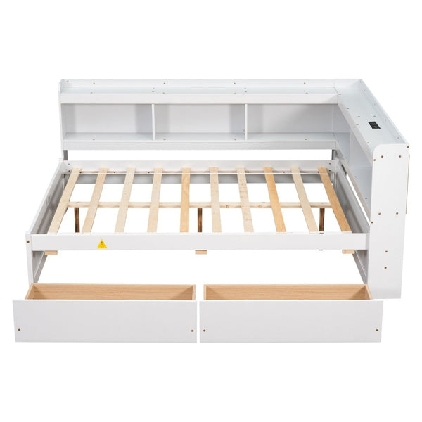 English Elm Full Platform Bed with L-shaped Bookcase Built-in Power Outlets and Storage Drawers White W504S00340