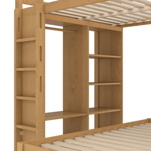English Elm Full Solid Wood Loft Bed with Removable Lower Bed, Built-In Desk, Shelves & Wardrobe for Space-Saving Designs Natural W1580S00213