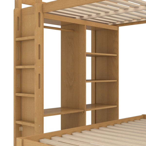English Elm Full Solid Wood Loft Bed with Removable Lower Bed, Built-In Desk, Shelves & Wardrobe for Space-Saving Designs Natural W1580S00213