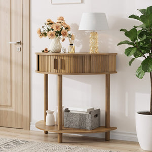 English Elm 31.5-inch Half Moon Grooved Walnut Console Farmhouse Entryway Table with Open Shelving W1706P447027