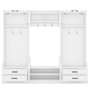 English Elm 4-in-1 Hall Tree with Bench, 7 Hooks, 2 Cabinets & 4 Drawers for Entryway Storage and Seating White W1580S00090