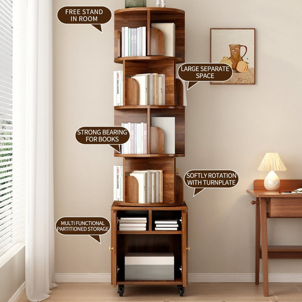 English Elm Rotating 360° Corner Bookshelf - 5-Tier Compact Storage Rack With Drawer For Small Spaces, Walnut W2641P329220-GIGA