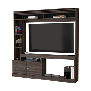 English Elm Rock House Entertainment Console with Two Doors, Open Shelves & Stained Walnut Finish for TVs B128S00044