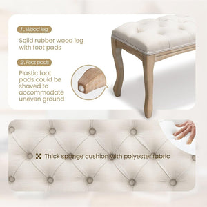 English Elm Bedroom Bench Tufted Linen Seat with Carved Distressed Wood Legs French Country Style Beige W3244P493647