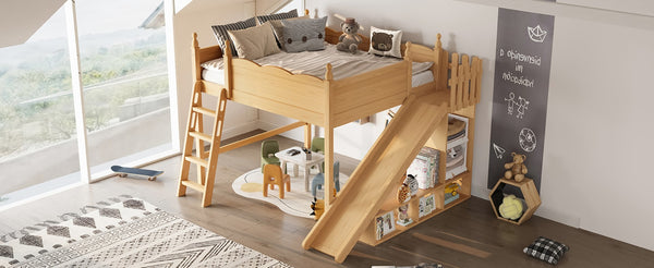 English Elm Queen Loft Bed With Detachable Slide, Storage Shelves & Cabinet - Solid Wood For Fun & Space Savvy! W1580S00250-GIGA