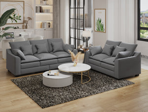 English Elm 2 Pieces Sofa Couch 3-Seater and Loveseat With Pillows Polyester Upholstered Duck Down Filled Cushion Sofa Set For Living Room Apartment,Grey