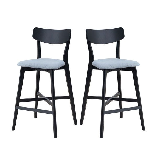 English Elm Wooden Modern Upholstered Bar Chairs Set of 2 — Solid Rubberwood Counter Stools with Footrest, Black Backrest Comfort W2582P197586