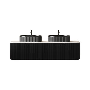 English Elm Dina 60 Inch Floating Bathroom Vanity Sintered Stone Top Dual Glass Basins Wood Grain Black,Carrara White W2615S00200