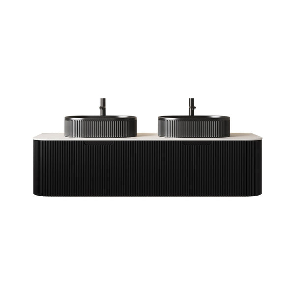English Elm Dina 60 Inch Floating Bathroom Vanity Sintered Stone Top Dual Glass Basins Wood Grain Black,Carrara White W2615S00200