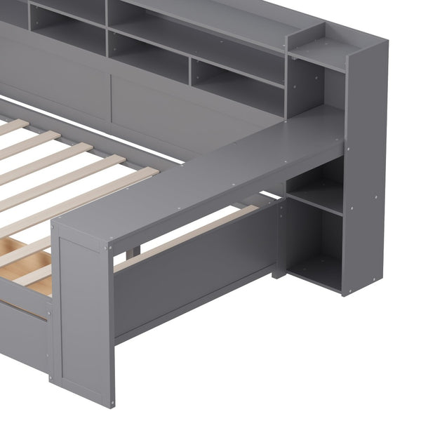 English Elm Wooden Twin Daybed with Trundle Built-in Desk and Open Shelves for Kids Rooms Gray N733S373385E