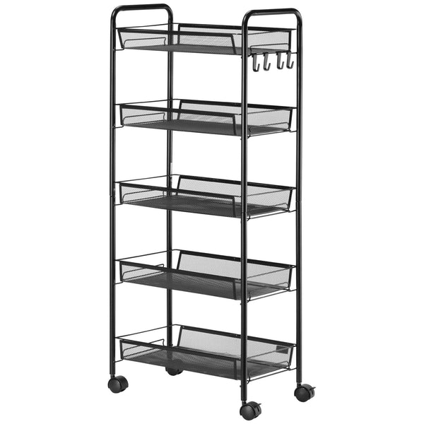 English Elm HOMCOM 5-Tier Rolling Utility Cart with Removable Wire Baskets, Steel Frame, Wheels & Brakes, Black W2225P217726