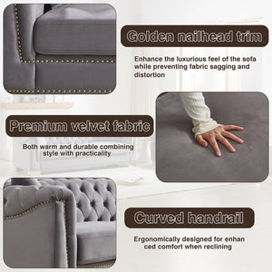 English Elm 3-seater Modular Chesterfield Velvet Sofa Tufted Gold Stud Detail for Elegant Living Rooms Grey W1926S00101