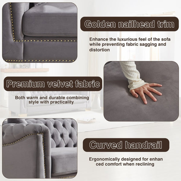 English Elm 3-seater Modular Chesterfield Velvet Sofa Tufted Gold Stud Detail for Elegant Living Rooms Grey W1926S00101