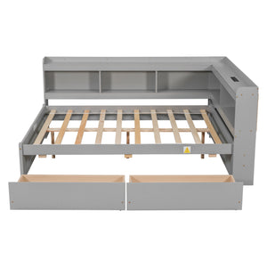 English Elm Full Size L-Shaped Bed With Bookcases, Usb Ports & Drawers - Space-Saving Grey Bedroom Solution W504S00245