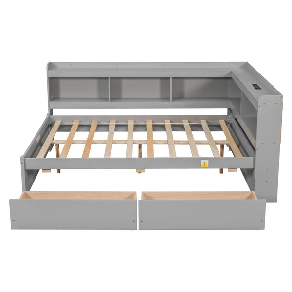 English Elm Full Size L-Shaped Bed With Bookcases, Usb Ports & Drawers - Space-Saving Grey Bedroom Solution W504S00245