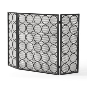 English Elm Christopher Knight Home® - FIRE Three-Panel Iron Firescreen Black Silver — Foldable Mesh Spark Guard with Chic Circular Pattern, 30" H 65179.00BLKSILV