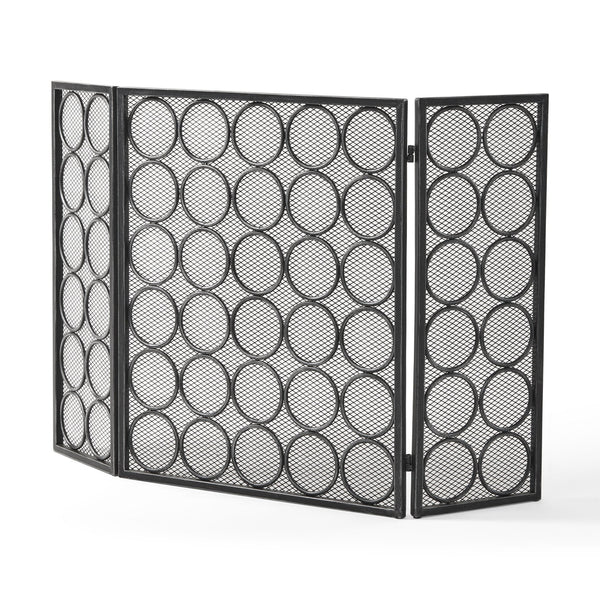 English Elm Christopher Knight Home® - FIRE Three-Panel Iron Firescreen Black Silver — Foldable Mesh Spark Guard with Chic Circular Pattern, 30" H 65179.00BLKSILV