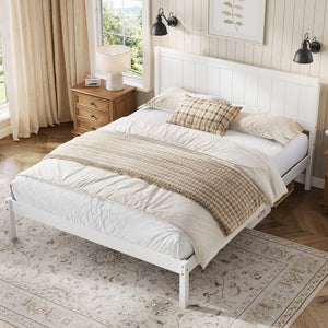 English Elm Platform King Bed Solid Pine Panel Headboard Wood Slat Base Modern Bedroom Frame White N709P425341K