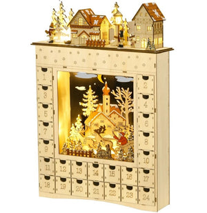 English Elm Christmas Advent Calendar Mdf Village Scene with 24 Drawers and Led Glow Mantle Decor T3971P414398