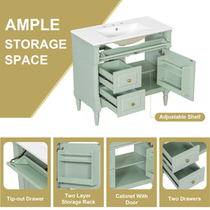 English Elm 36" Freestanding Bathroom Vanity With Stylish Ceramic Basin, Smart Storage & Elegant Green Finish N725P356064F