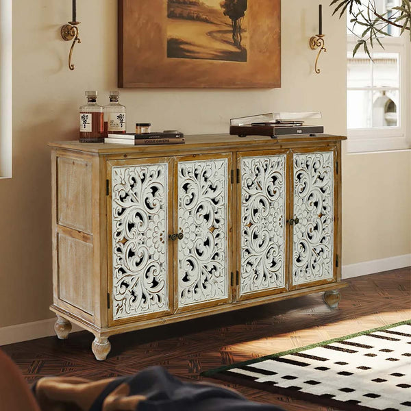 English Elm Accent Distressed Cabinet with 4 Doors - Farmhouse Sideboard Buffet, Carved Floral Fronts, Slim Storage for Entryway W2295P246504