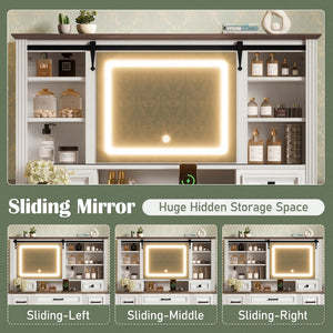 English Elm 47.2" Farmhouse Vanity Desk with Led Mirror Sliding Storage Stool 9 Drawers Oak White N704G202304A