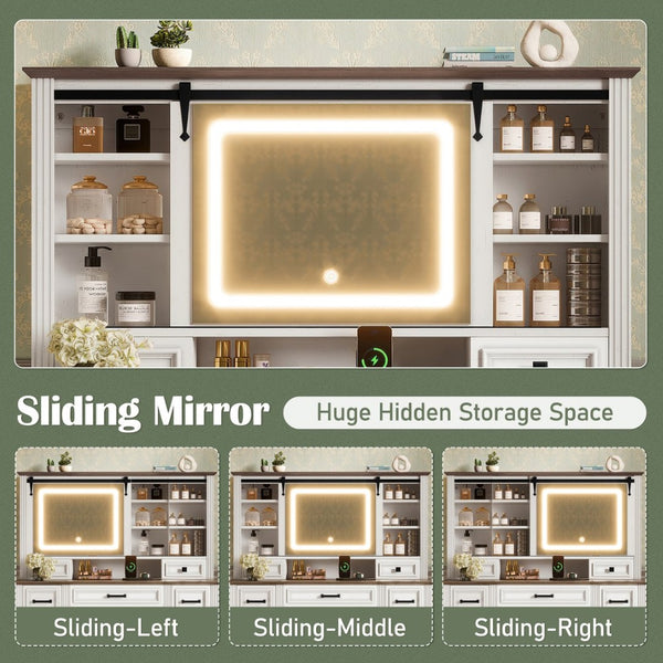English Elm 47.2" Farmhouse Vanity Desk with Led Mirror Sliding Storage Stool 9 Drawers Oak White N704G202304A