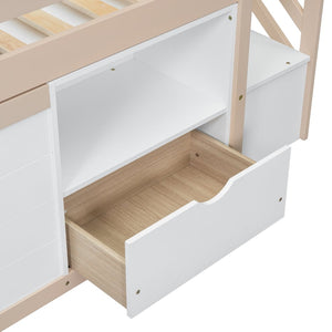 English Elm Solid Pine Twin Low Loft Bed with Stair Drawer Shelf Playhouse Frame for Kids W697S00036