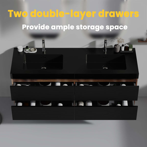 English Elm Grace 60" Walnut Floating Bathroom Vanity With Matt Black Quartz Sink And Soft-Close Drawers, Modern Style W1865P281505