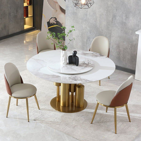English Elm Modern Marble Dining Table with 59" Sintered Stone Top, 360° Lazy Susan, Durable Stain-Resistant Finish Gold,Gold+White W2699S00009