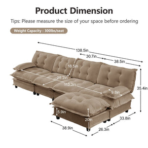 English Elm 138" Chenille Modular Cloud Sectional with Ottoman Deep Seat Lounge Sofa for Apartments Light Coffee W714S01715