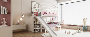 English Elm House-shaped Pine Bunk Bed with Built-in Slide Storage Staircase Twin Over Full Kids Frame White+Pink N820S00082K