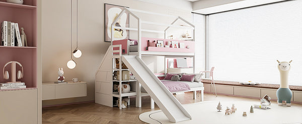 English Elm House-shaped Pine Bunk Bed with Built-in Slide Storage Staircase Twin Over Full Kids Frame White+Pink N820S00082K