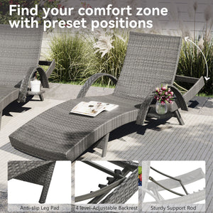 English Elm K&K 80" Outdoor Wicker Chaise Lounge Set of 2 with 2000H UV Wicker, Pull-Out Side Table, 4-Position Recliner Grey WF321204AAE