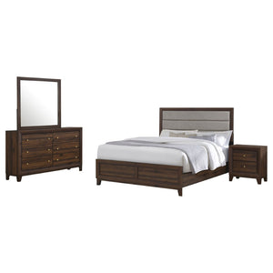English Elm Anza Queen Bedroom Set with Taupe Upholstered Headboard and Walnut Finish Storage B062S01690