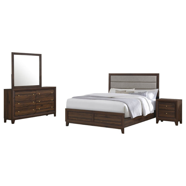 English Elm Anza Queen Bedroom Set with Taupe Upholstered Headboard and Walnut Finish Storage B062S01690