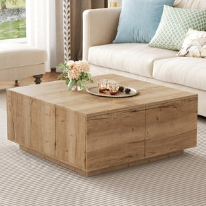 English Elm 33.25" Square Storage Coffee Table Four Drawer Matte Mdf Living Room Centerpiece Natural N735P422508N