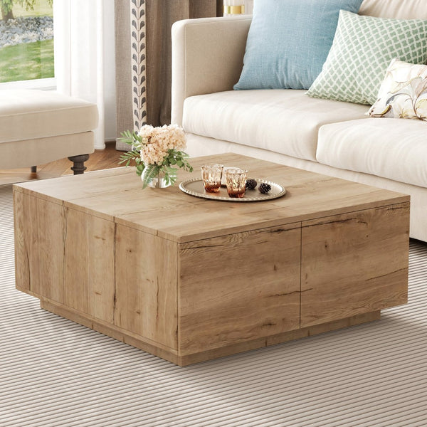 English Elm 33.25" Square Storage Coffee Table Four Drawer Matte Mdf Living Room Centerpiece Natural N735P422508N