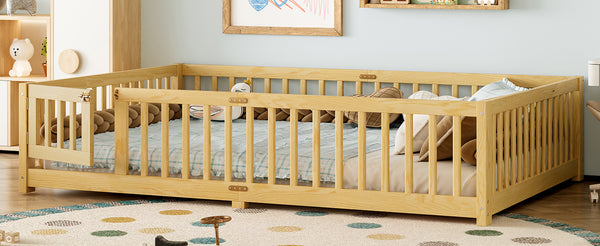 English Elm Queen Kids Floor Bed with Safety Guardrails and Door for Independent Sleep, Pine Frame, 82.7"x62.6" Natural W1580P338954