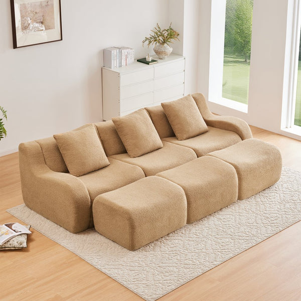 English Elm Three-Seat Modular Sofa with Plush Teddy Fabric, No Assembly, Ergonomic Curved Armrests & Non-Slip Base Camel W714S01434