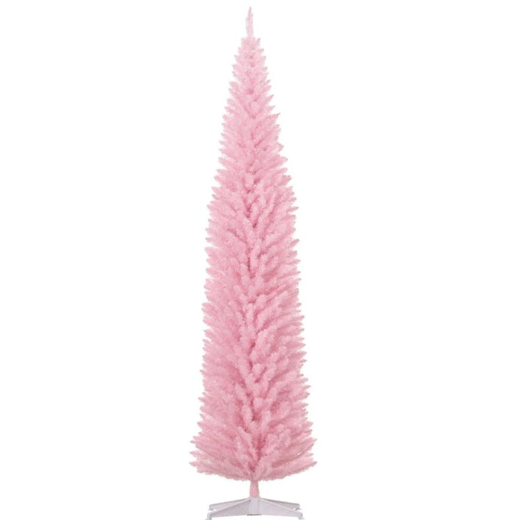 English Elm Snow Flocked Pink Pencil Artificial Christmas Tree for Entryway or Bedroom Corner T3971P414725