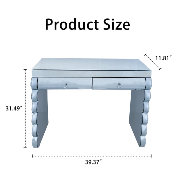 English Elm Mirror silver console table with curved mirrored glass, 2 drawers, solid wood frame, luxe hallway focal piece W3836P370243