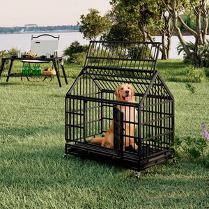 English Elm 48 Inch Pointed Roof Metal Dog Crate Folding Steel Kennel with Wheels and Slide Trays W347P431440