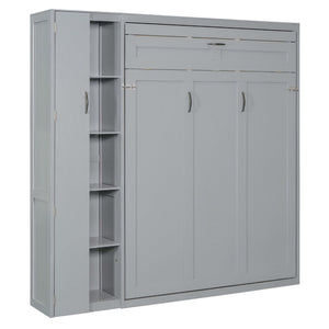 English Elm Full Size Murphy Bed with Open Shelving Wardrobe and Led Lighting for Studio Spaces Gray LP000898AAE-1