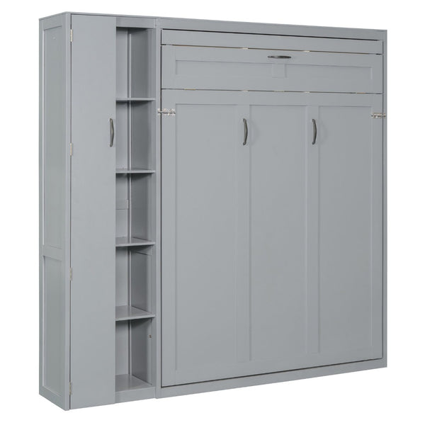 English Elm Full Size Murphy Bed with Open Shelving Wardrobe and Led Lighting for Studio Spaces Gray LP000898AAE-1