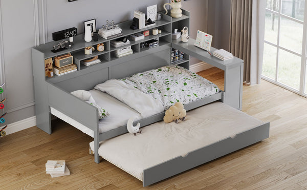 English Elm Wooden Twin Daybed with Trundle, Built-In Desk and Side Storage Shelves for Space-Saving Living Gray 54.4 L x 18 W x 5.6 H N733S242275E