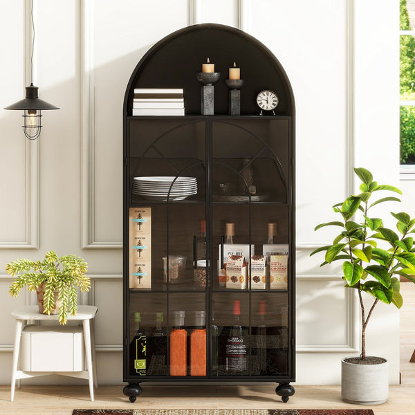 English Elm Modern Arched Storage Cabinet Antique Black Steel & Tempered Glass Doors Industrial Farmhouse Display W3122P272652